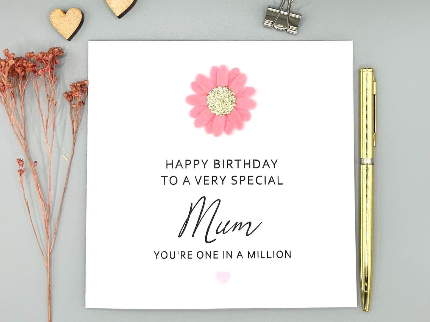 Handmade Mum Birthday Card, Pink Felt Flower