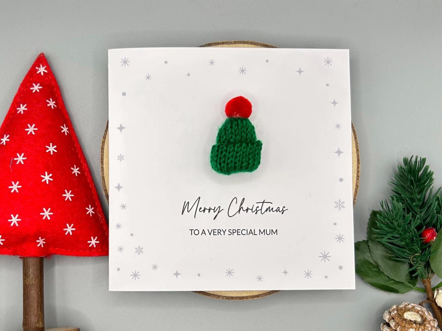 Merry Christmas To A Special Mum, Handmade Christmas Card With 3D Knitted Bobble Hat