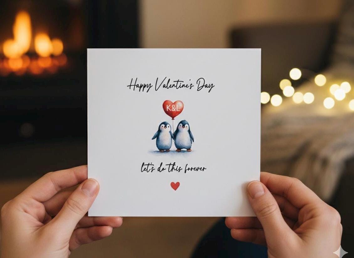 Personalised Penguin Valentine's Day Card, Custom Initial Heart Love Card for Husband, Wife, Partner. Let’s Do This Forever' Card