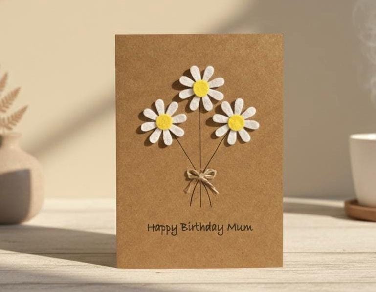 Personalised Felt Daisy Birthday Card, Handmade 3D Flower Card for Mum or Friend, Special Floral Birthday Keepsake with Twine Bow