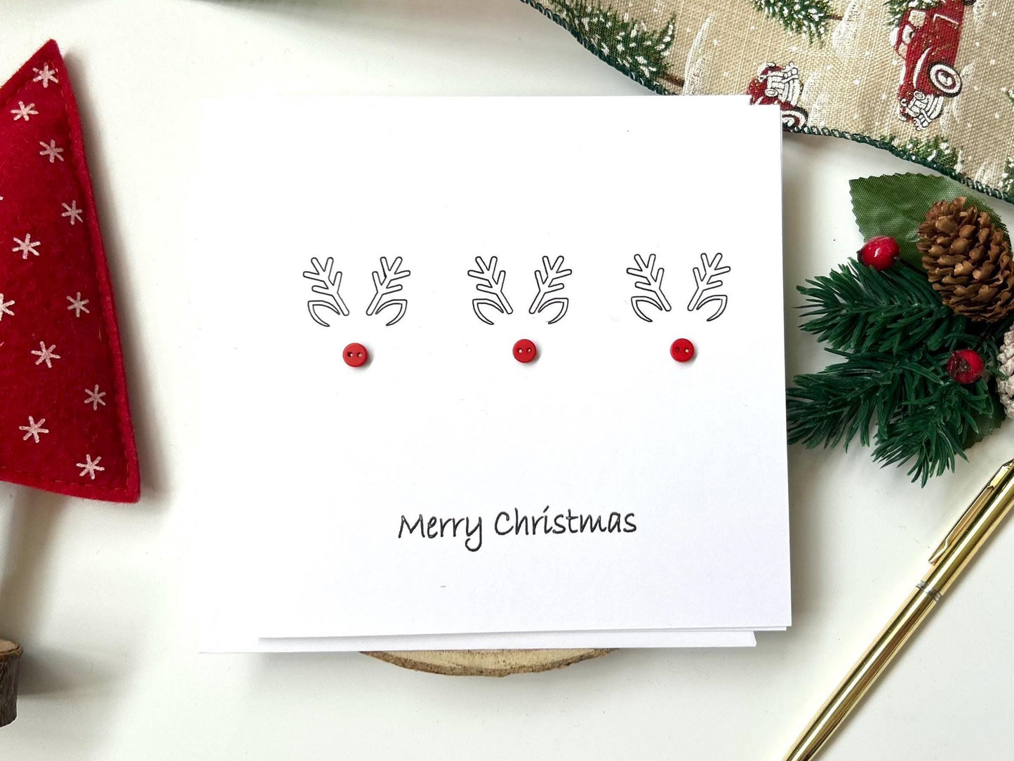 Handmade Reindeer Christmas Card with red button noses
