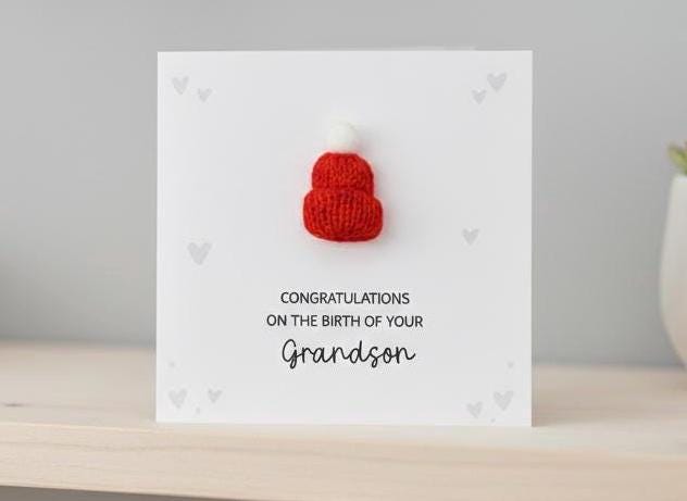 Congratulations On The Birth On Your Grandson - Handsome 3D Bobble Hat Personalised Baby Card for Grandparents