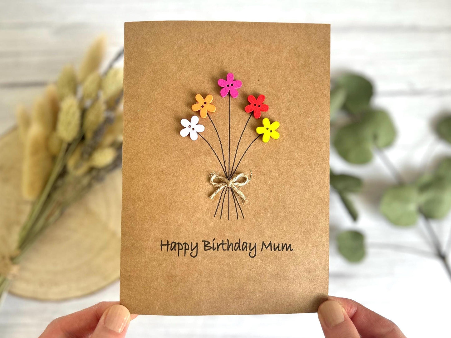 Personalised Happy Birthday Card, Friends Birthday Card, Button Birthday Card, Flowers Birthday Card, Mum Birthday Card