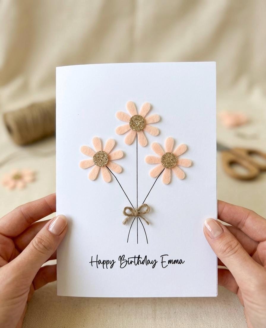 Handmade Daisy Birthday Card with Twine Bow