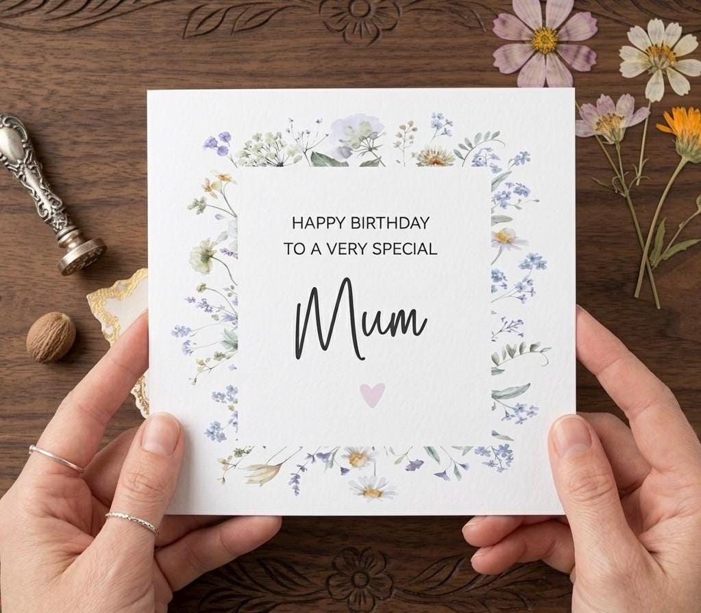 Wildflower Bouquet Mum Birthday Card, Floral Border Card For Mum, Mam, Mummy