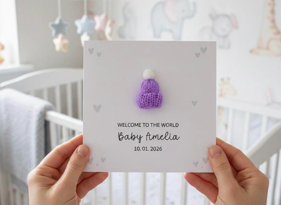 Personalised New Baby Girl Card, Handmade Knitted Bobble Hat Baby Card for New Parents, Custom 'Welcome to the World' Newborn Card