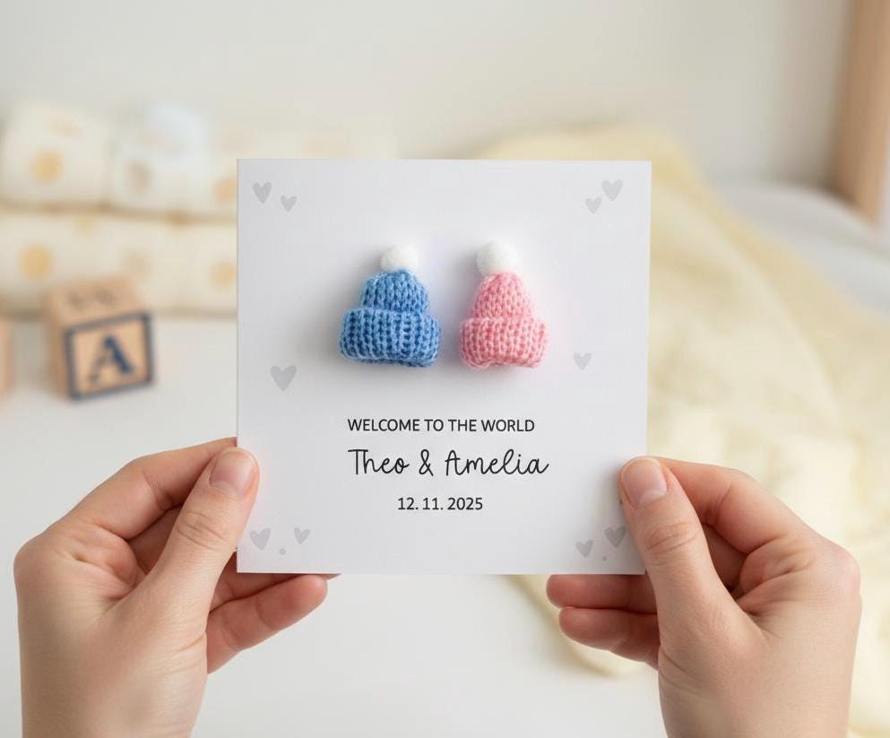 Congratulations Card New Parents to Twins, Congratulations On The Birth On Your Twins, Handmade New Baby Card With 3D Knitted Bobble Hats