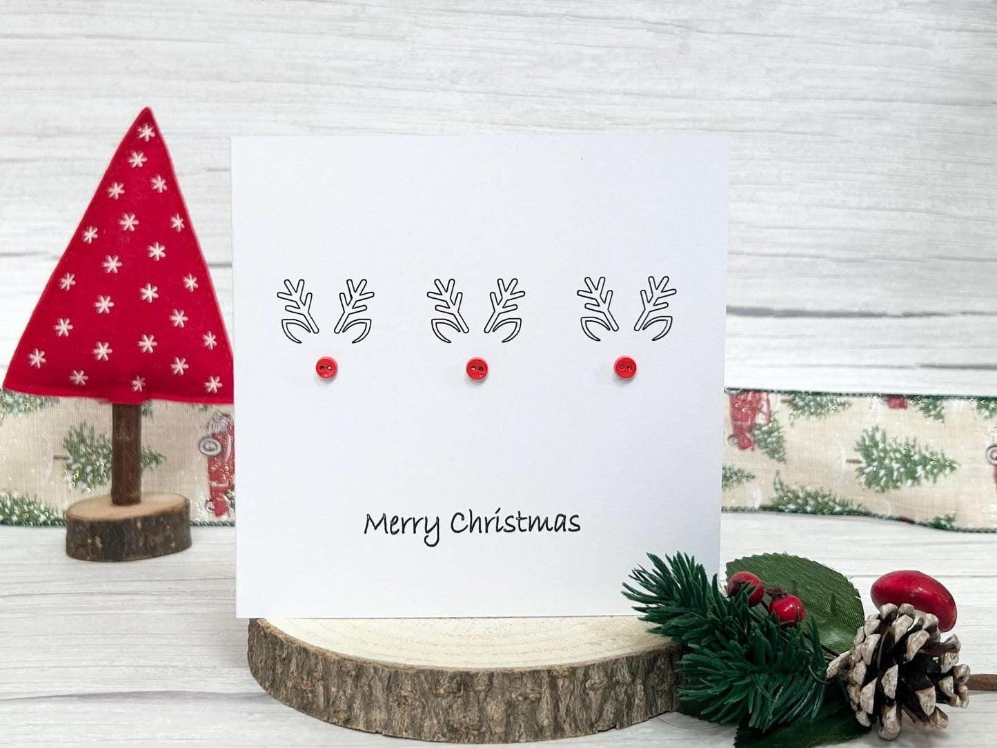 Handmade Reindeer Christmas Card with red button noses