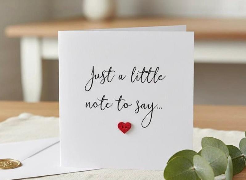 Handmade 3D Button Heart Card, Just a Little Note To Say, Minimalist Announcement Card With Red Heart