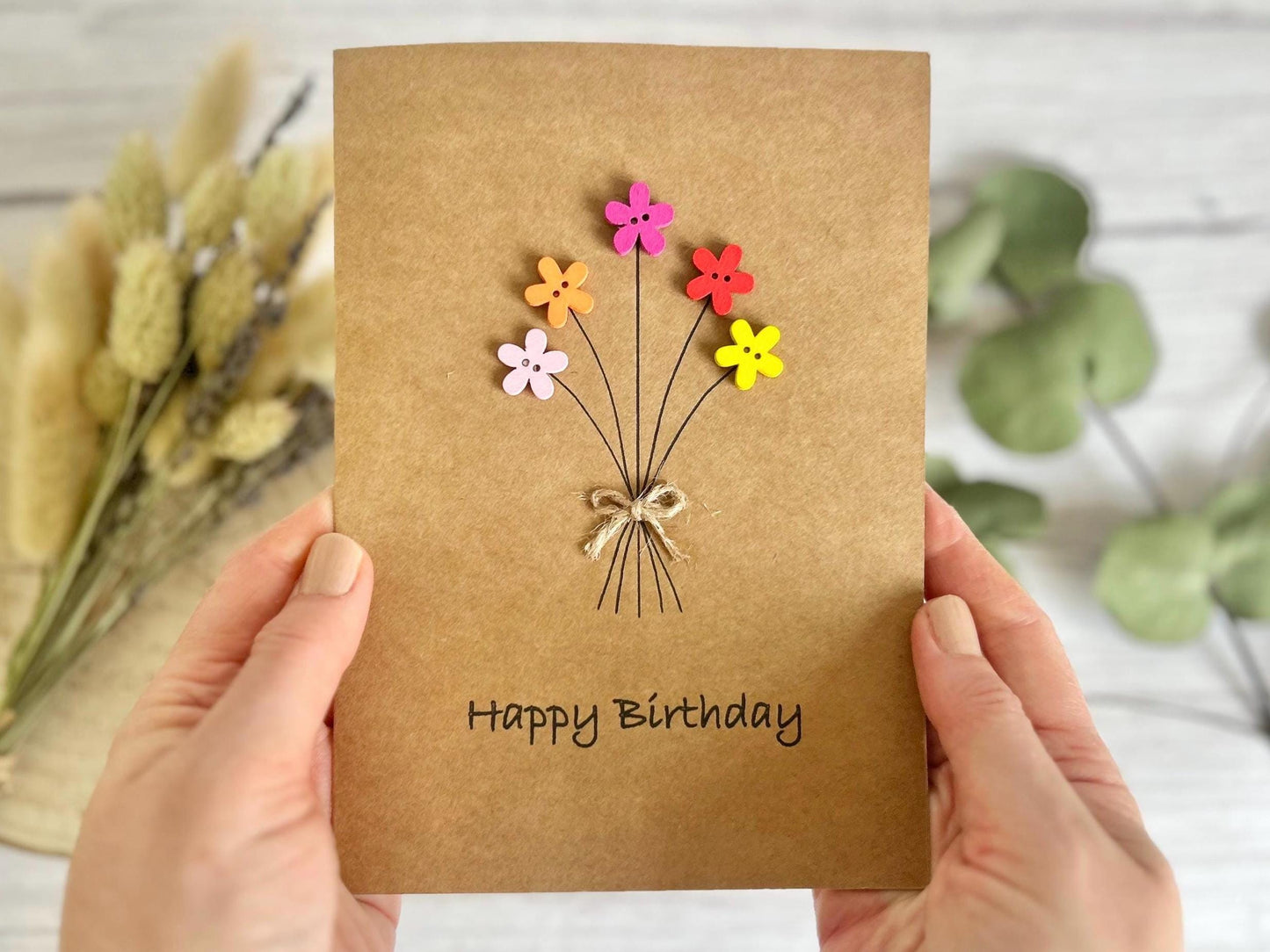 Personalised Happy Birthday Card, Friends Birthday Card, Button Birthday Card, Flowers Birthday Card, Mum Birthday Card