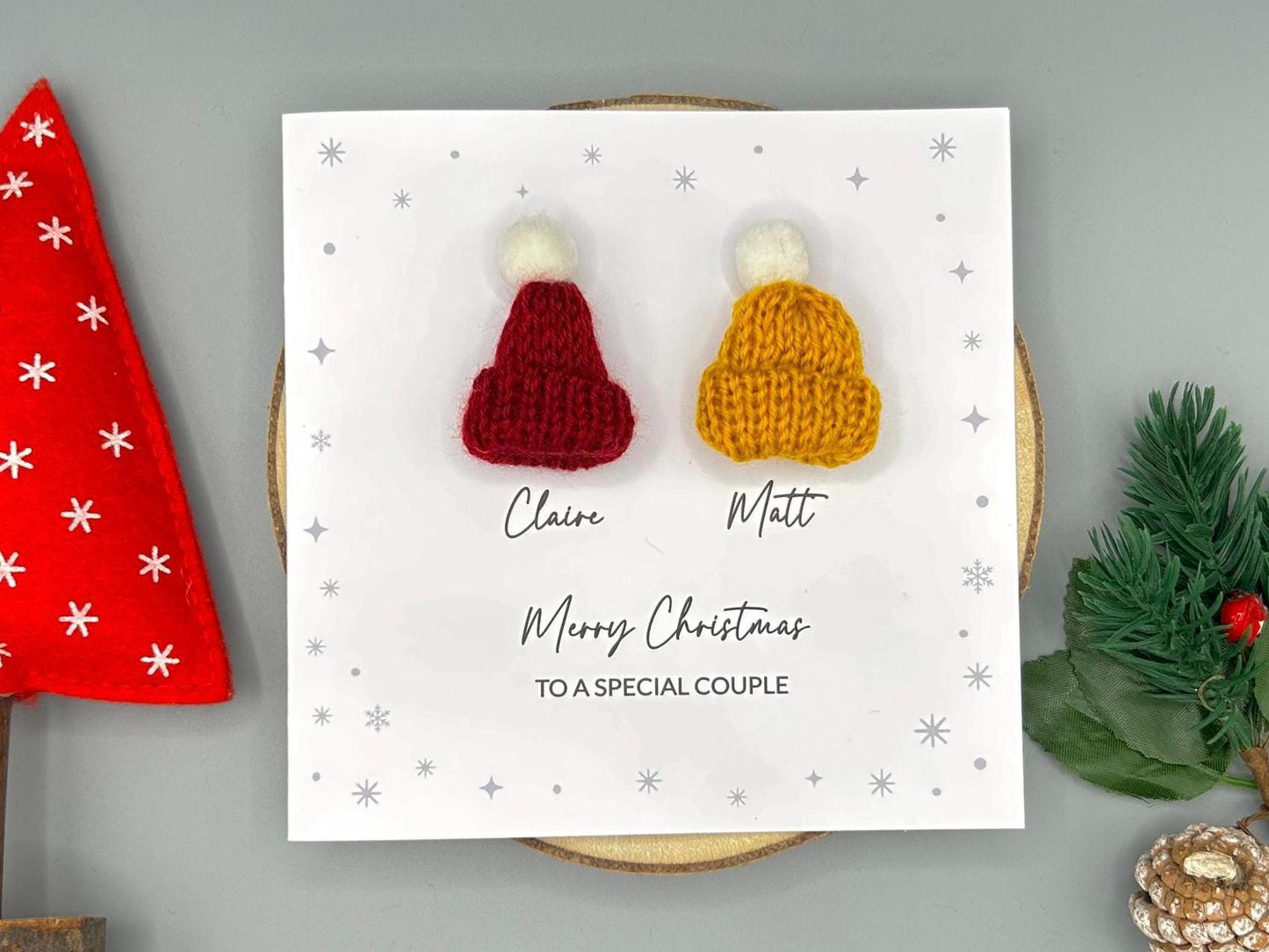 Merry Christmas to a Special Couple - Personalised Christmas Card With 3D Knitted Bobble Hats