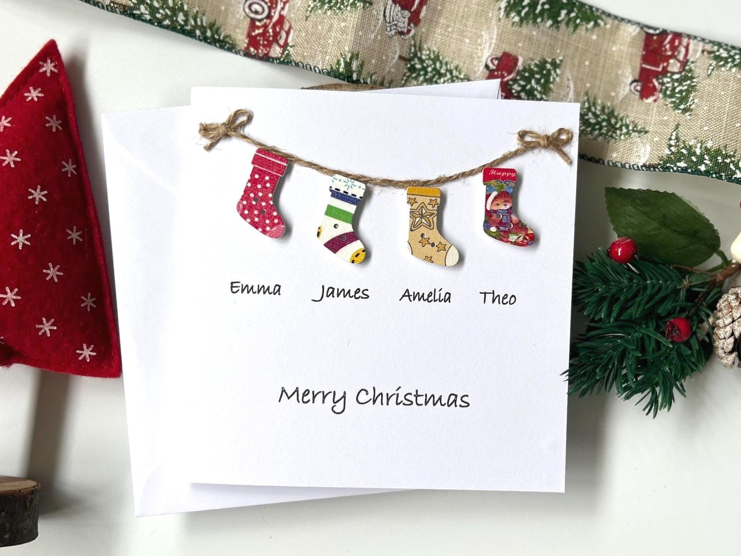 Personalised Family Christmas Card: to a special family, names and Stockings