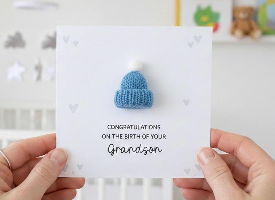Congratulations On The Birth On Your Grandson - Handsome 3D Bobble Hat Personalised Baby Card for Grandparents
