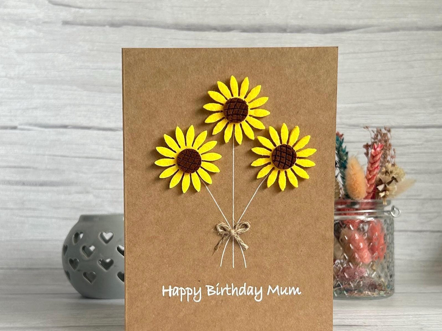 Personalised Felt Sunflower Birthday Card, Handmade 3D Flower Card for Mum or Friend, Rustic Floral Birthday Keepsake,