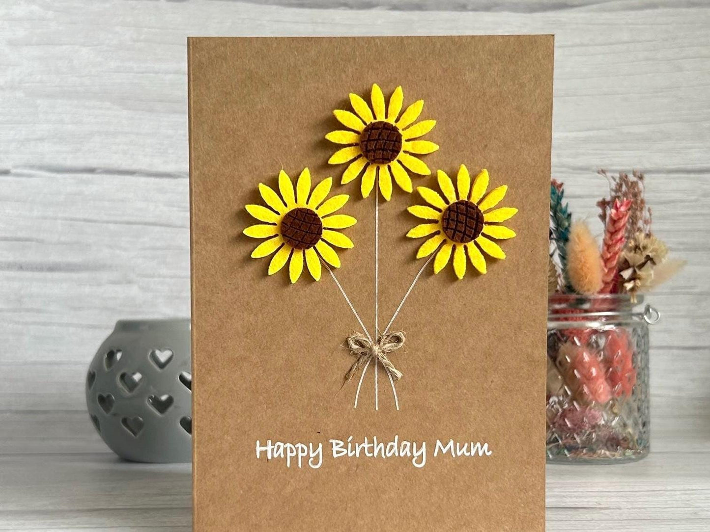 Personalised Felt Sunflower Birthday Card, Handmade 3D Flower Card for Mum or Friend, Rustic Floral Birthday Keepsake,